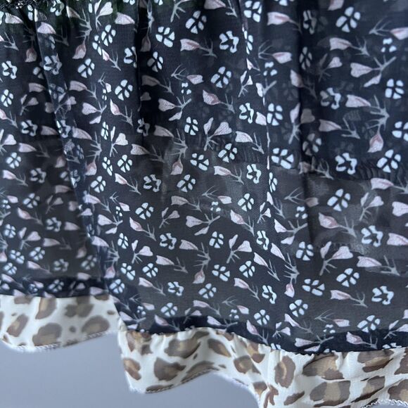 Boho Floral Leopard Floral Top Women Large Green Black Ruffle Bell Sleeve Tiered - Picture 7 of 9